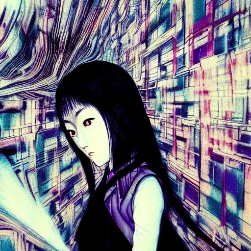 Image similar to yoshitaka amano blurred and dreamy three quarter angle portrait of a young woman with white hair and black eyes wearing dress suit with tie, playstation 2 horror game, junji ito abstract patterns in the background, satoshi kon anime, chungking express color palette, noisy film grain effect, highly detailed, renaissance oil painting, weird portrait angle, blurred lost edges