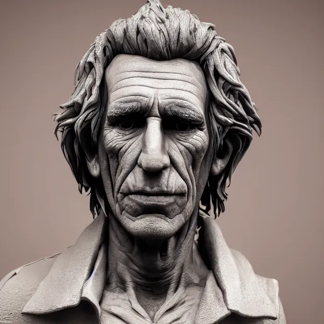 Prompt: photography of a bust of Keith Richards made of clay by Sebastian Kruger and Michelangelo, wrinkles, 50mm, studio atmosphere, 8K, rim light, octane render, ultra-realistic