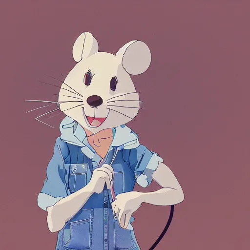 Image similar to in the style of studio ghibli, anthropomorphic mouse, female, wearing denim shorts and tank top, detailed, intricate, aesthetic, artistic, ambient occlusion, volumetric light effect, 8 k resolution