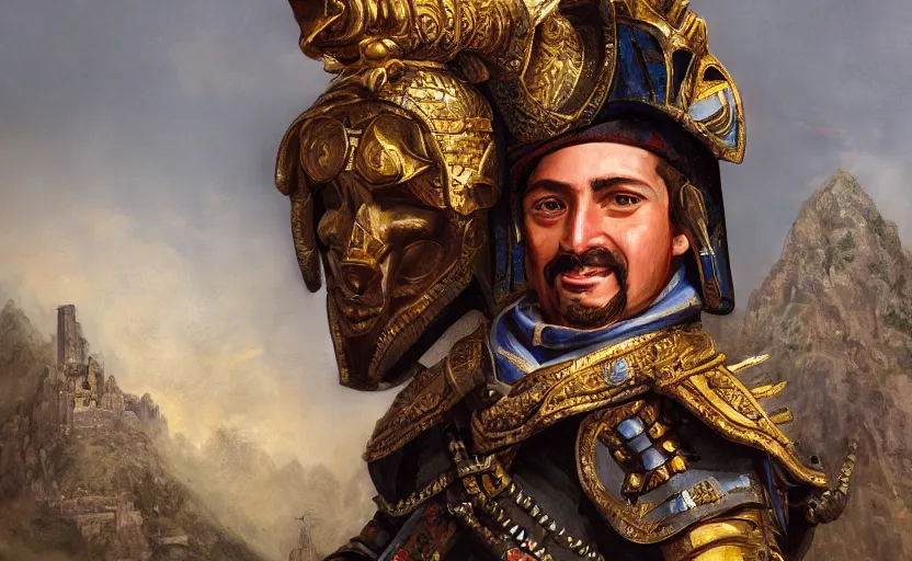 Image similar to smile spanish conquer soldier francisco pizarro on a inca temple, portrait, wide view, high detailed, full perfect, high detail, digital painting, octane rendered, 4 k, trending on artstation