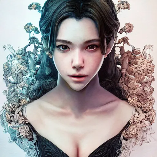 Image similar to the portrait of an absurdly beautiful, graceful, elegant, sophisticated, young gravure idol made up of lemons, an ultrafine hyperdetailed illustration by kim jung gi, irakli nadar, intricate linework, bright colors, octopath traveler, final fantasy, unreal engine 5 highly rendered, global illumination, radiant light, detailed and intricate environment