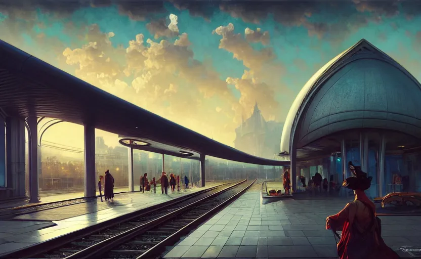 Image similar to exterior shot of utopian train station with cinematic lighting by zaha hadid and renzo piano, darek zabrocki and greg ruthkowski, alphonse mucha, simon stalenhag, cinematic, holy place, paradise, scifi, futurism, atmospheric, sunset, concept art, artstation, trending on artstation