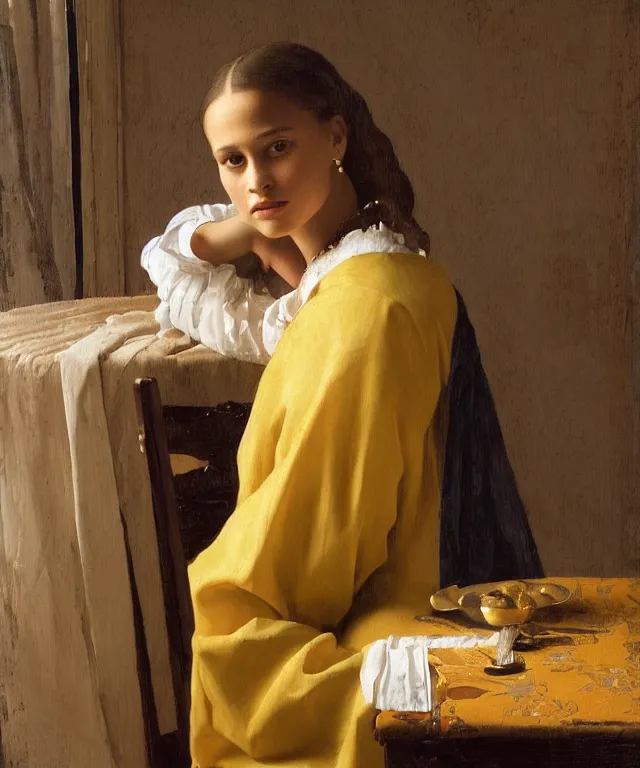 Image similar to a highly detailed, beautifully lit portrait of a pretty, young alicia vikander alba sitting at a table by an open window, oil painting portrait by vermeer and bouguereau