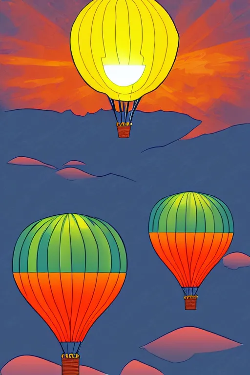 Image similar to sunrise mountain water hot air balloon illustration vector digital art by amiyakinyu trending on artstation