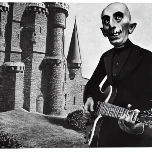 Image similar to vintage photograph of count orlok outside his castle, playing the blues on guitar, castle in the background, 4 k