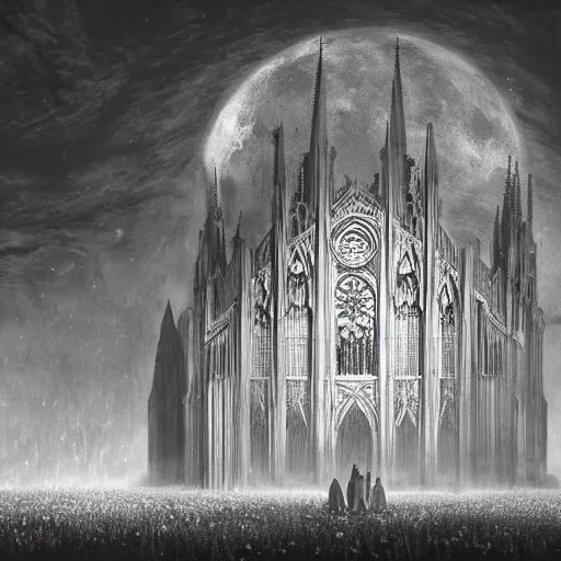 Image similar to A Gothic cathedral in a field of flowers, A huge red moon shines over the earth in the style of gustav doré.highly realistic, hyper detailed,cinematic,4k,digital art,unreal engine 5,epic lighting by greg rutkowski