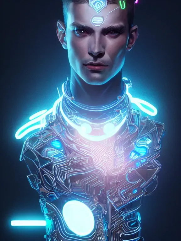 Image similar to portrait of male humanoid, intricate, masculine, cyber neon lights, highly detailed, digital photography, artstation, stylish pose, concept art, smooth, sharp focus, illustration, art by artgerm and greg rutkowski