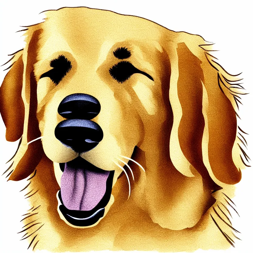 Image similar to golden retriever, full portrait, wide angle, solid white background, line art cartoon