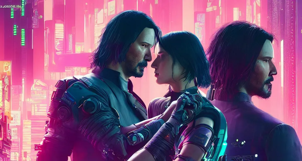 Image similar to a cyberpunk 2077 srcreenshot couple portrait of a Keanu Reeves and a female android in final kiss,love,film lighting,by Laurie Greasley,Lawrence Alma-Tadema,Dan Mumford,John Wick,Speed,Replicas,artstation,deviantart,FAN ART,full of color,Digital painting,face enhance,highly detailed,8K,octane,golden ratio,cinematic lighting