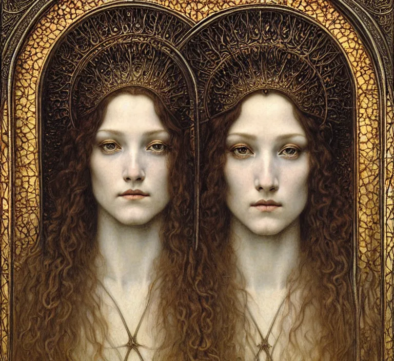 Image similar to detailed realistic beautiful young medieval queen face portrait by jean delville, gustave dore and marco mazzoni, art nouveau, symbolist, visionary, gothic, pre - raphaelite. horizontal symmetry