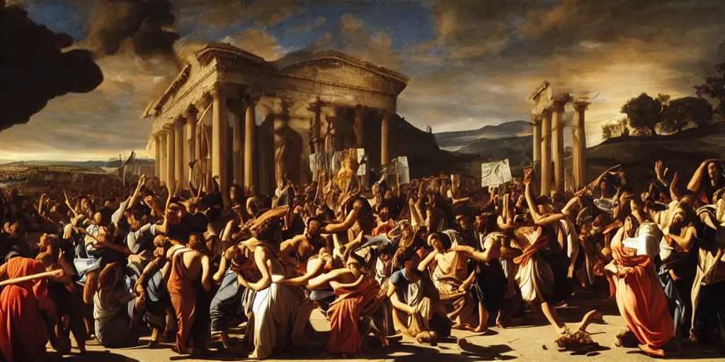Prompt: beautiful oil matte painting, uprising of people at a greek political forum with fire and smoke, wonderful masterpiece highly detailed, beautiful cinematic light deep focus, elegant, digital painting, smooth, sharp focus, golden ratio, dramatic illumination, ultra realistic, 8 k, art by artemisia lomi gentileschi and caravaggio