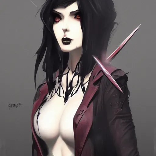 Image similar to female goth human vampire witch in the style of greg rutkowski, makoto shinkai, trending on artstation, character design, concept art, pretty face, forward facing, highly detailed, digital art