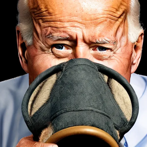 Prompt: uhd candid photo of joe biden wearing a basket - muzzle, with accurate face, real basket - muzzle, uhd, studio lighting, correct face, photo by annie leibovitz