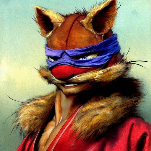 Image similar to a portrait of a furry splinter from tmnt wearing a red kimono, hairy, furry body, furry arms, feet, tail. highly detailed painting by gaston bussiere, craig mullins, j. c. leyendecker, furry