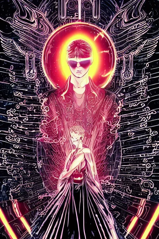 Image similar to white arc-angel with mystic robotic wings, blade runner, akira, ghost in the shell, 2077, style of Laurie Greasley and Satoshi Kon + symmetric lights and smoke, psychedelic effects , glowing particles, neon rain, glowing runes, de-noise, symmetrical composition, high detailed + tarot card, ornate border, 8k