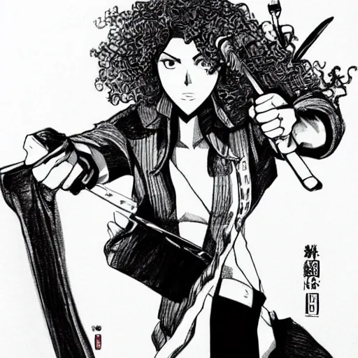 Image similar to scarlett johansson in afro samurai manga style, pencil and ink, in a bar fight