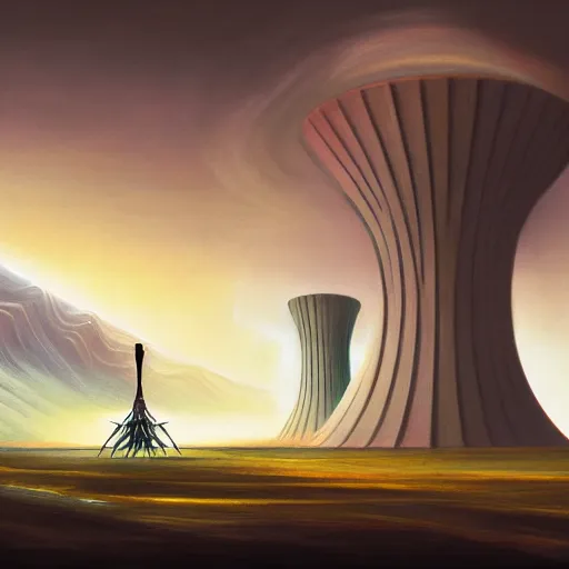 Prompt: A surreal landscape around a nuclear reactor by Noah Bradley and Salvador Dali, 4k, award winning artwork, trending on artstation