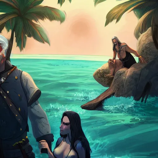 Prompt: Portrait of Geralt of Rivia and Yennefer of Vengerberg in modern bathing suits at a tropical beach, character design, fantasy, cartoon style, bright atmospheric lighting, highly detailed, ArtStation, trending on ArtStation, by Matthew Orders