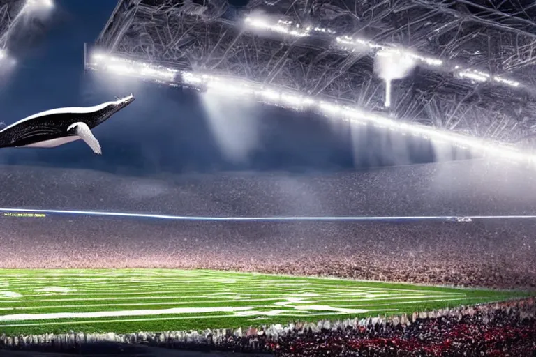 Image similar to a humpback whale flying in the air over an nfl football stadium ultra detailed realistic photograph cinematic lighting