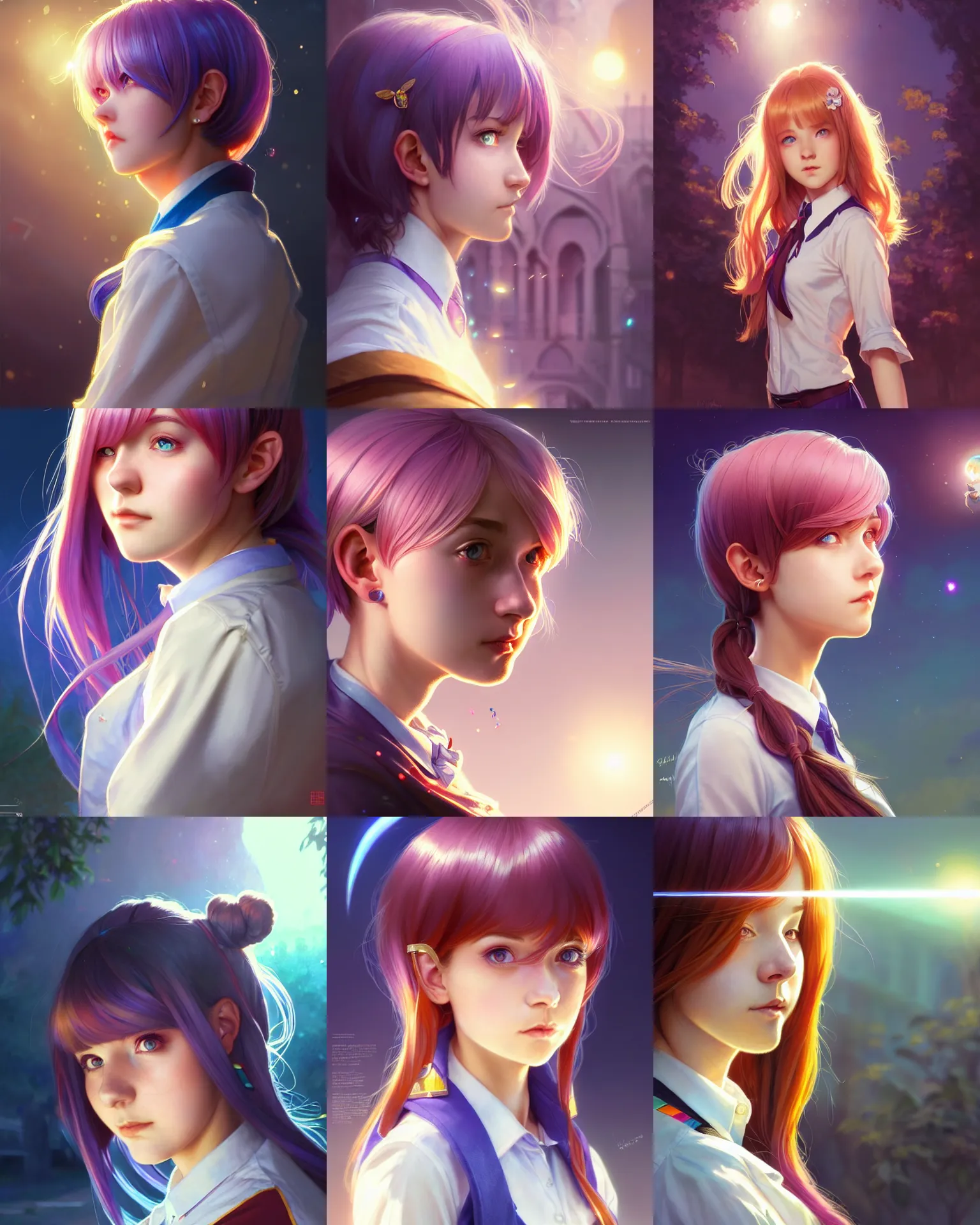 Prompt: side portrait of an innocent lost college girl, magic school uniform, multi - colored hair, short hair style, fantasy building, intricate, sharp focus, lens flare, bloom, rim light, illustration, highly detailed, digital painting, concept art, matte, art by wlop and artgerm and greg rutkowski and alphonse mucha, masterpiece