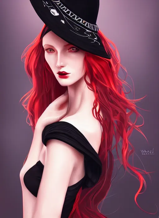 Image similar to a highly detailed illustration of tall beautiful red haired lady wearing black noir dress and black sun hat, elegant pose, perfect face, perfect body, perfect eyes, intricate, elegant, highly detailed, centered, digital painting, artstation, concept art, smooth, sharp focus, league of legends concept art, wlop.