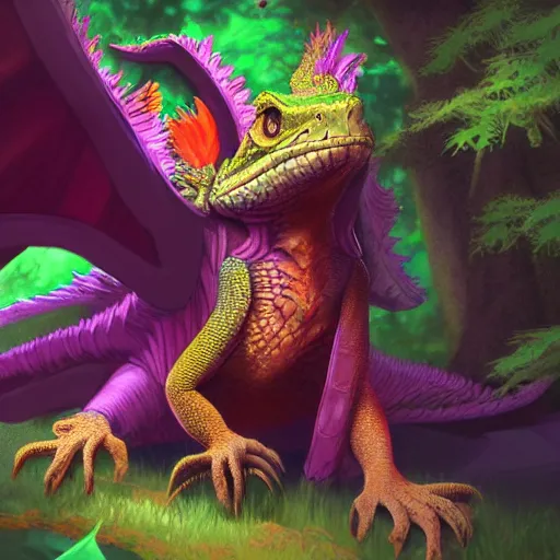 Image similar to concept art painting of an anthropomorphic bearded dragon anthro wearing magenta wizard robes, in the deep forest, realistic, detailed, cel shaded, in the style of makoto shinkai and greg rutkowski and james gurney