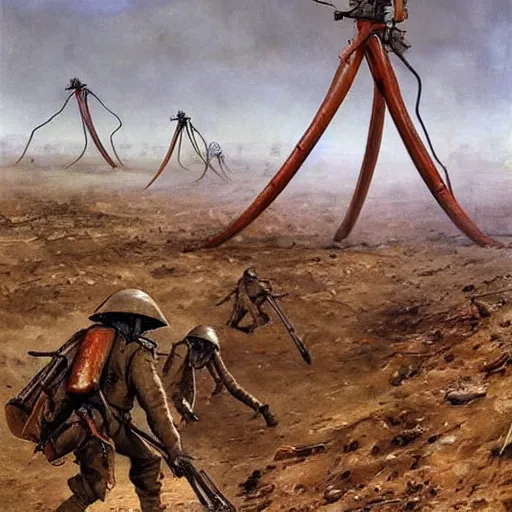 Prompt: war of the worlds, martian tripods attack russian ww i army, intense fighting, dital painting, very detailed, art by jakub rozalski