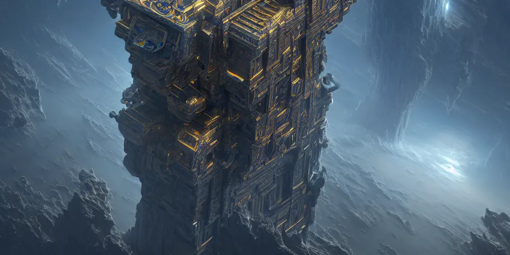 Image similar to render of a highly detailed floating angular space castle, huge, gargantuan, sense of scale, complex science fiction intricate machinery, 8 k octane render, 4 k unreal engine, hyperdetailed, chiaroscuro lighting, raytracing, high contrast lighting, by paul chadeisson and sparth, trending on artstation