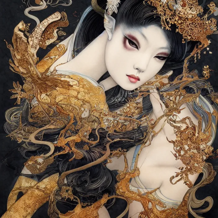 Prompt: asian geisha watercolor painting by yoshitaka amano, daniel merriam, ayami kojima, peter mohrbacher, intricate detail, artstation, artgerm, in the style of darkness - fantasy, rococo, gold leaf art