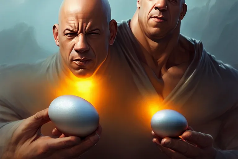 Prompt: silver egg cup, vin diesel head is a boiled egg, egg is a head, head is in egg cup, hyper detailed, digital art, artstation, cinematic lighting, studio quality, smooth render, by peter mohrbacher, hajime sorayama, boris vallejo, craig mullins