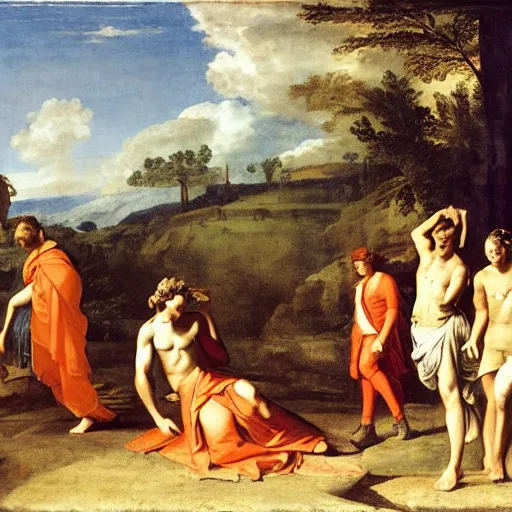 Image similar to shepherds of arcadia by poussin, all decently dressed characters