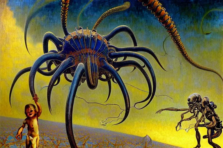 Image similar to realistic extremely detailed portrait closeup painting of a ghost kid playing with giant spider, futuristic sci-fi landscape on background by Jean Delville, Amano, Yves Tanguy, Alphonse Mucha, Ernst Haeckel, Edward Robert Hughes, Roger Dean, rich moody colours, blue eyes