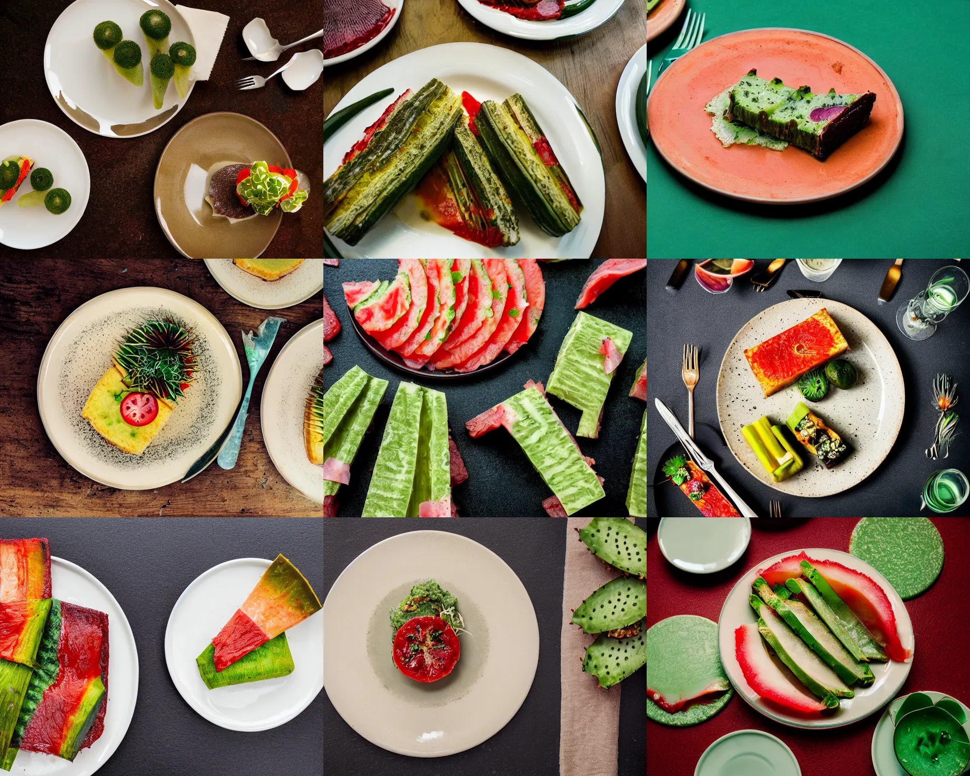 Prompt: a fine dining plate of slice cactus, food photography, michelin star, fine dining, bokeh