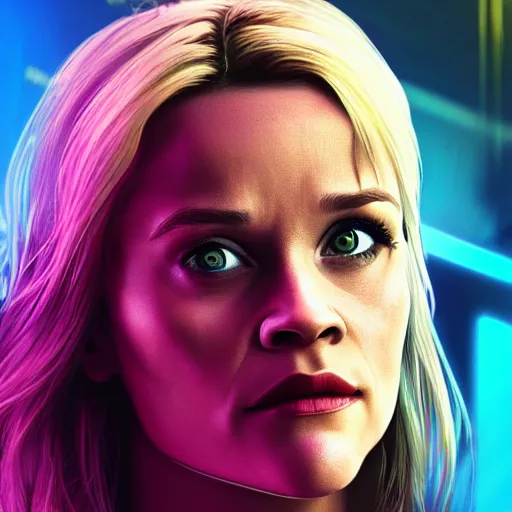 Image similar to reese witherspoon portrait, cyberpunk 2 0 7 7, cyberpunk rogue amendiares, photorealistic, ultra detailed, neon, octane, bokeh, cinematic lighting, cyber, cyberpunk city, studio quality, feature, scars, cyberface, 8 k