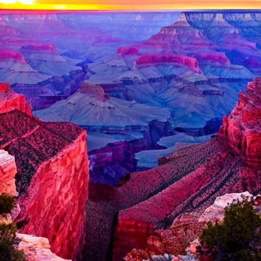 Image similar to a photograph of a pink and blue sunset at the grand canyon,