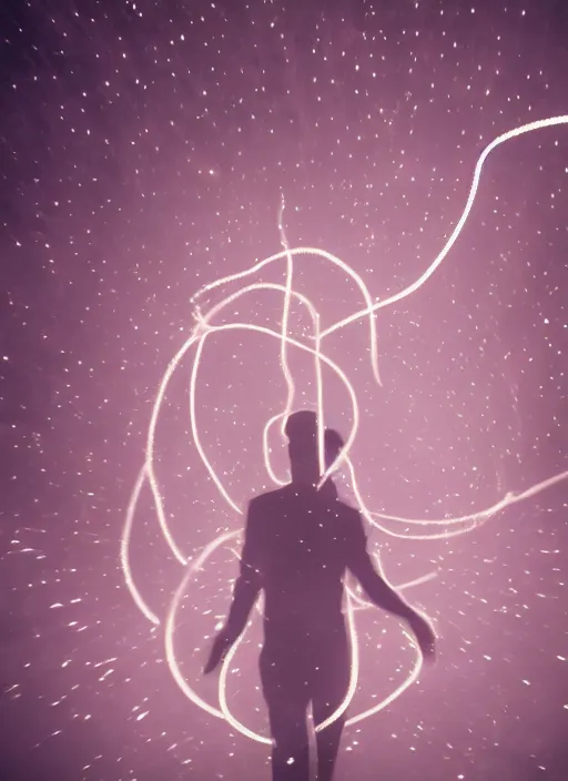 Prompt: fractal human silhouette, large diffused glowing aura, long exposure, film grain, cinematic lighting, field blur