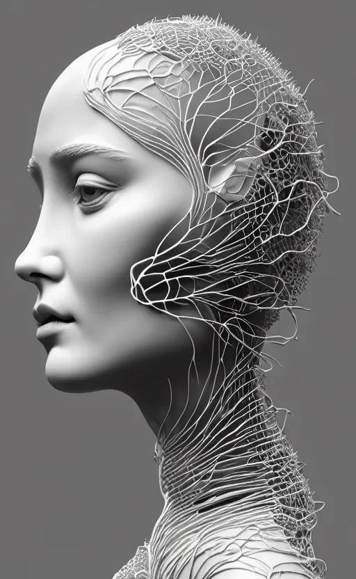 Image similar to complex 3d render of a beautiful porcelain profile woman face, vegetal dragon cyborg, 150 mm, beautiful natural soft light, rim light, silver details, magnolia leaves and stems, roots, fine lace, maze like, mandelbot fractal, anatomical, facial muscles, cable wires, microchip, elegant, highly detailed, white metallic armour, octane render, black and white, H.R. Giger style