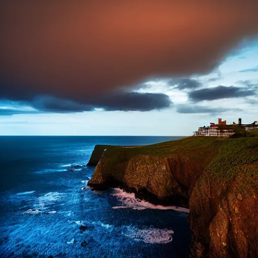 Prompt: micro - hurricane, blue hour, early night, deep blue atmosphere, very late evening, sundown, scattered islands, sea, ocean, low pressure system, cloud with eye, very windy, late evening, distant hotel retreat on cliffside, shining lights on cliff side, polaroid photograph