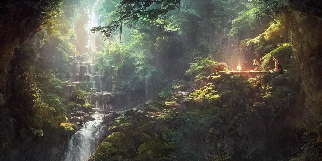 Image similar to a forest waterfall and cave at sunset, fantasy, magical lighting, Greg Rutkowski and Studio Ghibli and Ivan Shishkin