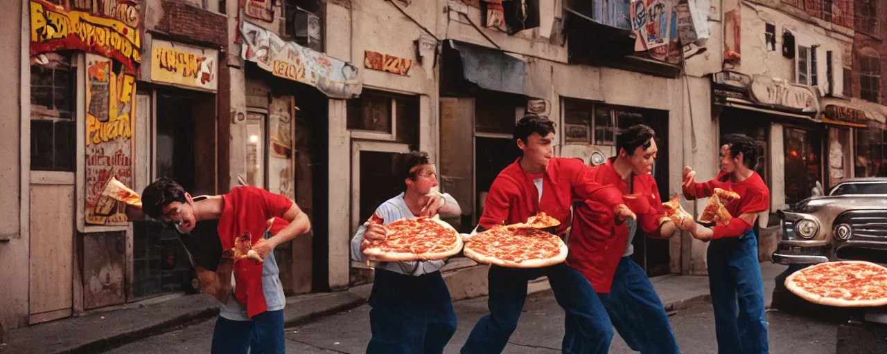 Prompt: a fight between pizza and spaghetti, inspired by west side story, canon 5 0 mm, cinematic lighting, photography, retro, film, kodachrome