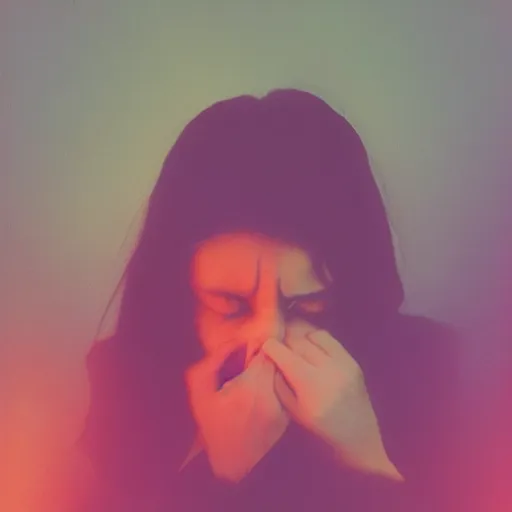 Prompt: oversaturated, burned, light leak, expired film, photo of a girl crying into a flower