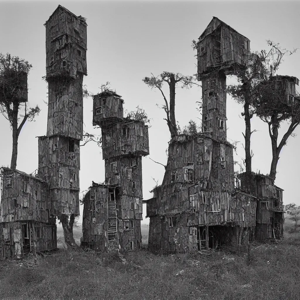 Image similar to two organic - looking towers, made up of makeshift squatter shacks, misty, dystopia, mamiya rb 6 7, fully frontal view, very detailed, photographed by ansel adams