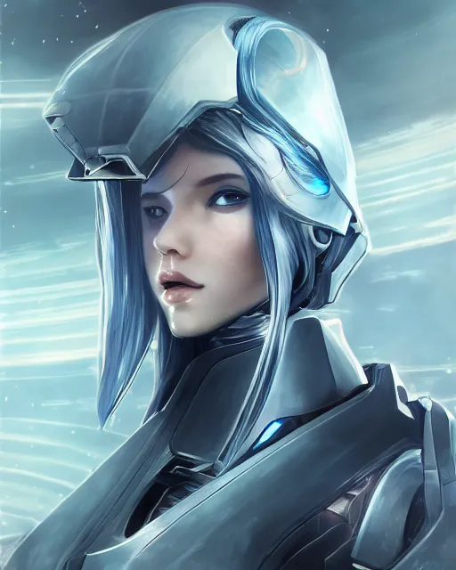 Image similar to perfect android girl on a mothership, warframe armor, beautiful face, scifi, futuristic, galaxy, nebula, raytracing, dreamy, digital painting, long white hair, blue cyborg eyes, sharp focus, intricate, highly detailed, artstation, intricate, innocent, art by gauthier leblanc, kazuya takahashi, huifeng huang