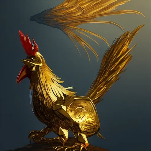 Image similar to primitive golden rooster idol, d & d, fantasy, portrait, digital painting, trending on artstation, concept art, sharp focus, illustration, art by artgerm and greg rutkowski and magali villeneuve