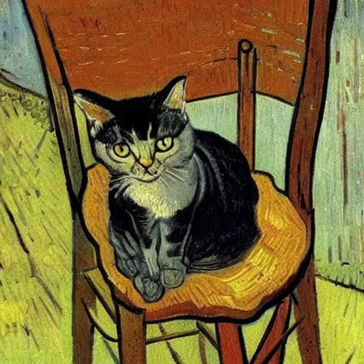 Image similar to painting of a cat on a chair, by Van Gogh