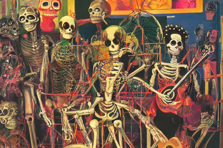 Image similar to scene from amusement arcade, day of the dead, cyber skeletons, queen in black silk in the center, neon painting by otto dix