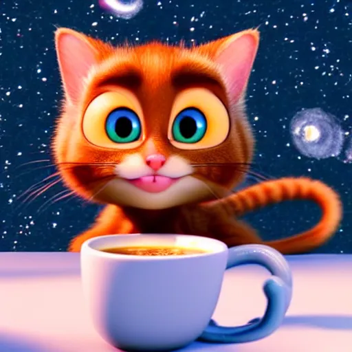 Prompt: a cute cat with big eyes looking at a cup of coffee at night full of stars. Pixar Disney 4K 3d render funny animation movie Oscar winning trending on ArtStation and Behance. Ratatouille style.