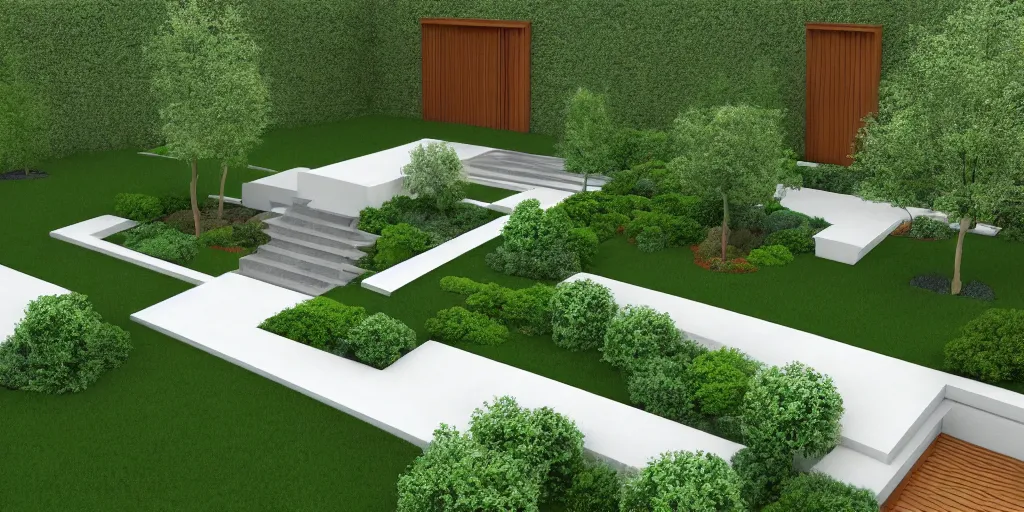 Prompt: overhead plans contemporary rectanguar minimal landscape garden, planting, tree, in the style of frank lloyd wright inspiration.