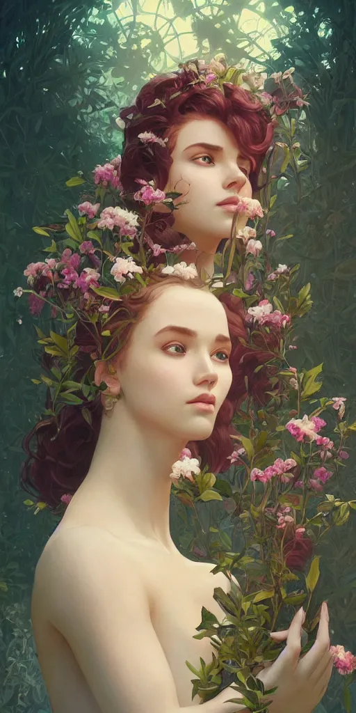 Image similar to surreal beautiful young woman, sitting with flowers, detailed gorgeous face turning into a tree, leaves, dark, ominous, sad eyes, vaporwave aesthetic, synthwave , digital painting, artstation, concept art, smooth, sharp focus, illustration, art by artgerm and greg rutkowski and alphonse mucha