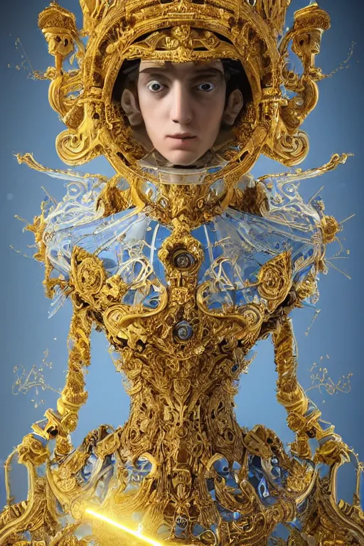 Image similar to full-body baroque and space age style sculpture of a young handsome Spanish android prince with a chest exposing a large glowing blue diamond, glowing yellow laser eyes, crown of white gears and diamonds, swirling green-colored silk fabric, baroque elements. full-length view. intricate artwork by caravaggio. Trending on artstation, octane render, cinematic lighting from the right, hyper realism, octane render, 8k, depth of field, 3D